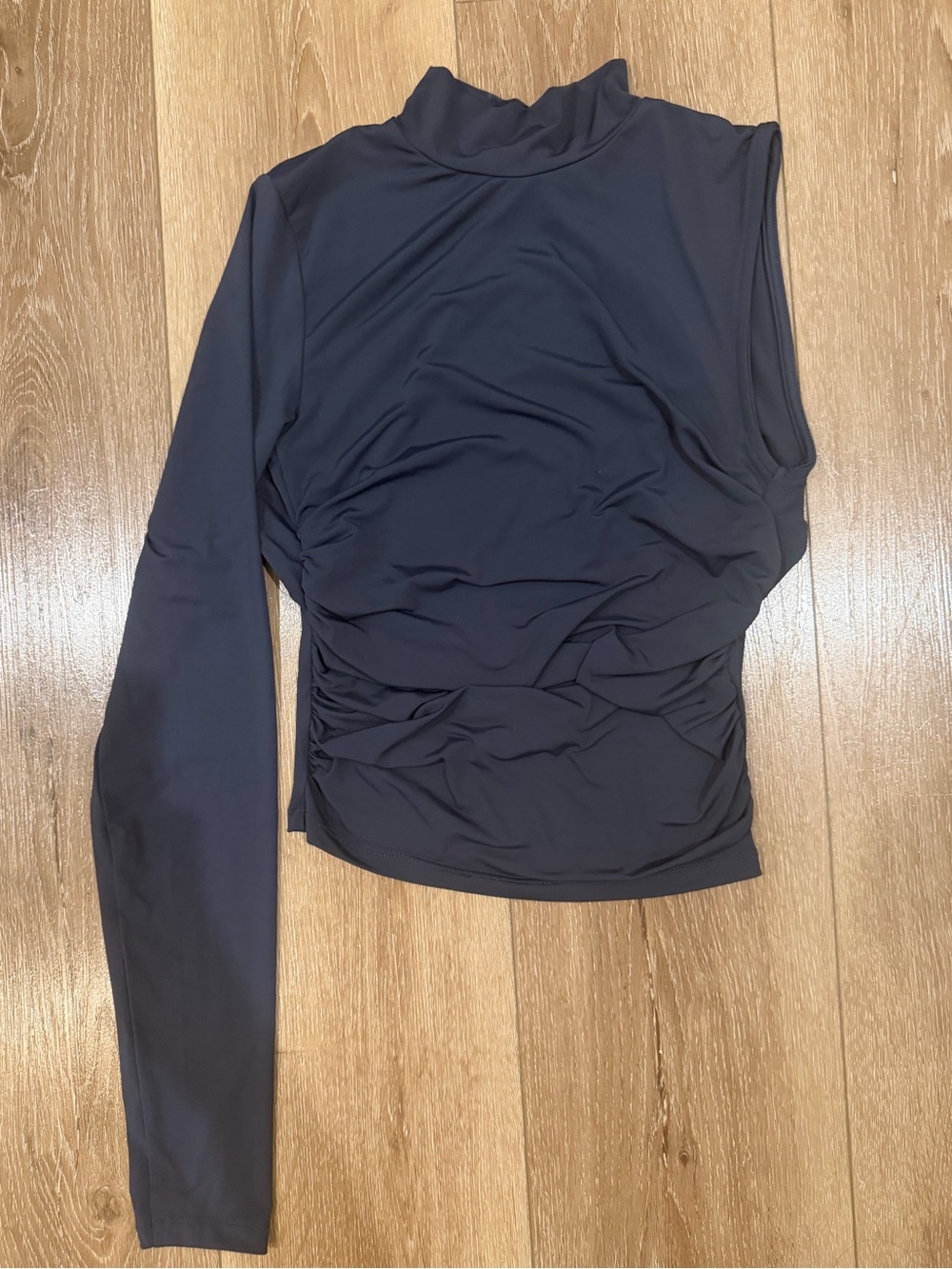 Zara One-Sleeve Ruched Mock Neck Top in Charcoal